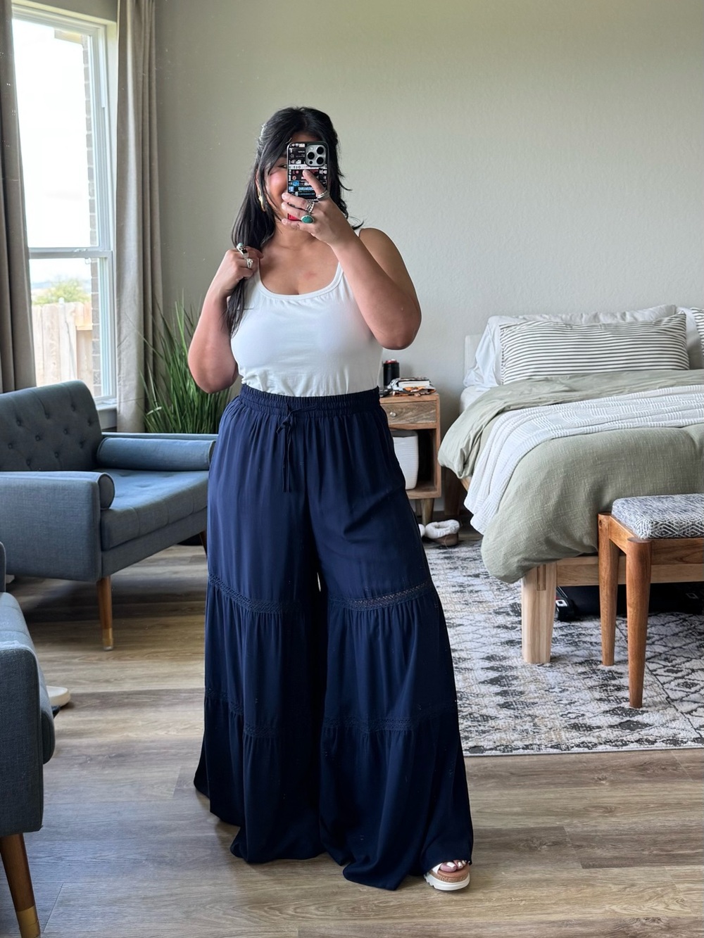 Navy Blue Tiered Spliced Drawstring Cut-Out Flared Pants (12)